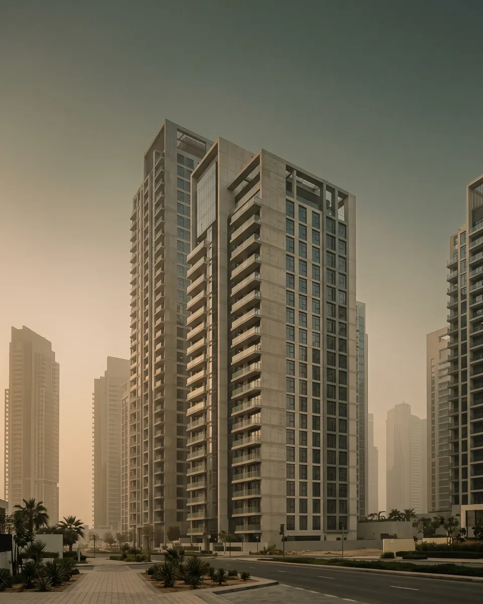 Illustration de résidences contemporaines à Dubaï, baignées de lumière en fin de journée