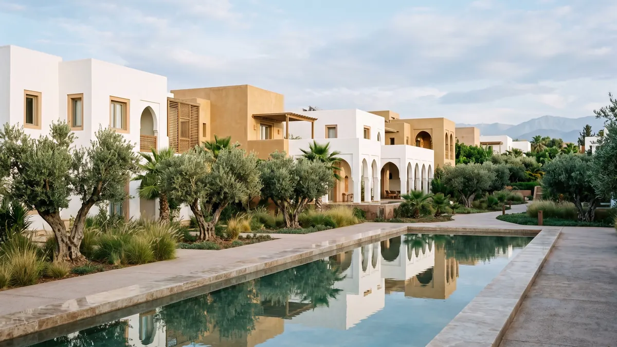 Illustration de villas marocaines autour d’un bassin, entre palmiers et oliviers